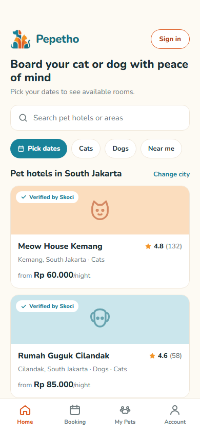 Pepetho app home screen